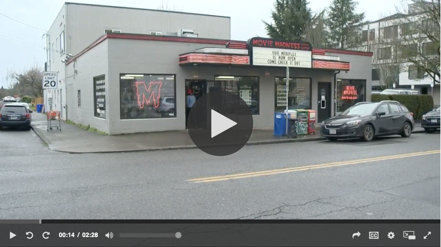 The exterior of the Movie Madness store.